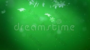 装饰的3d雪花在绿色<strong>背景</strong>下的夜晚在空中飞舞.. 用作圣诞、<strong>新年贺卡</strong>或冬季动画